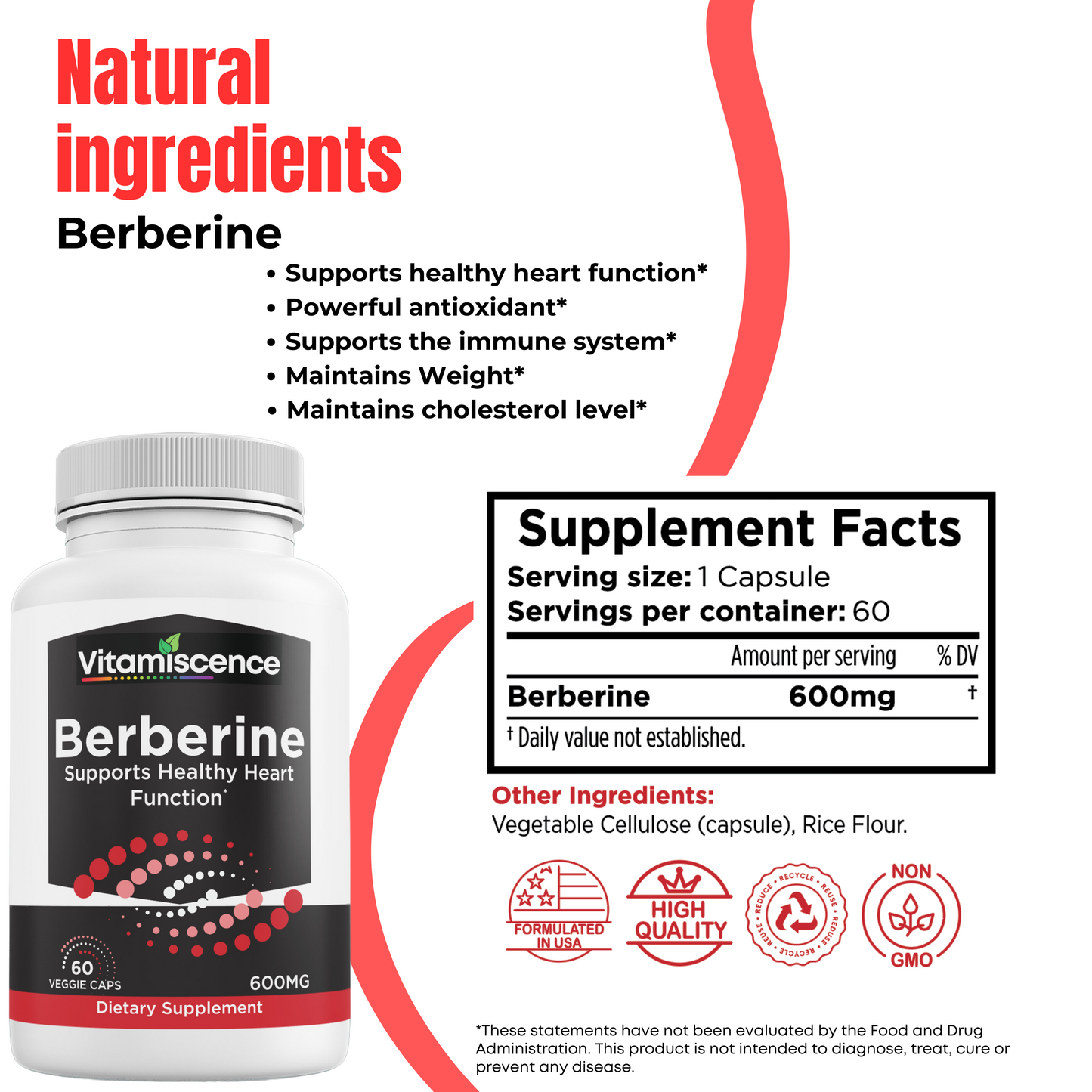 Vitamiscence Berberine, One Pack, 600mg, 60 Capsules, Supports Heart Function, Antioxidant, Support Immune System