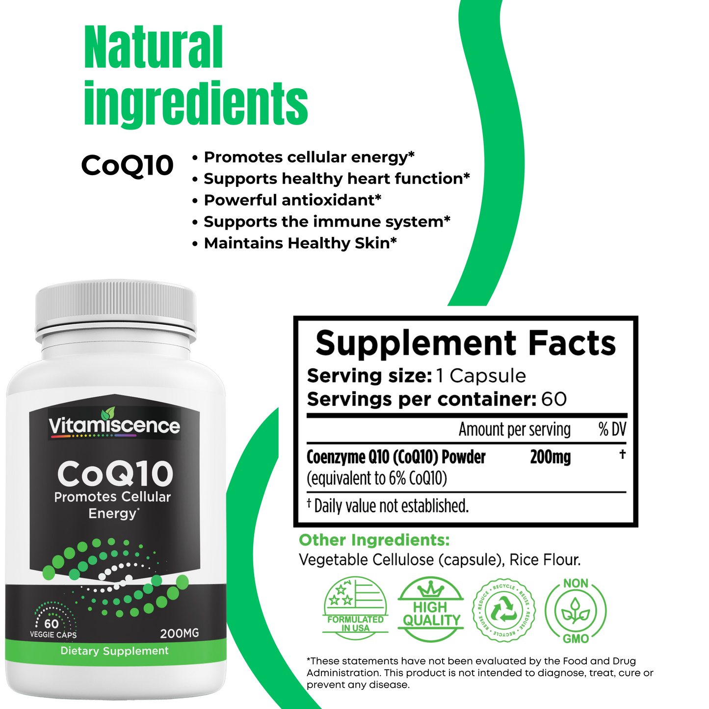 CoQ10, One Pack, 200mg, 60 Capsules Count. Promotes Cellular Energy, Antioxidant, Co q10 Supplements