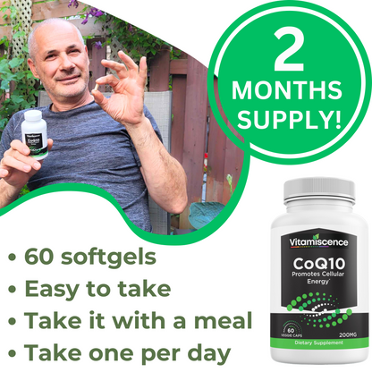 CoQ10, One Pack, 200mg, 60 Capsules Count. Promotes Cellular Energy, Antioxidant, Co q10 Supplements